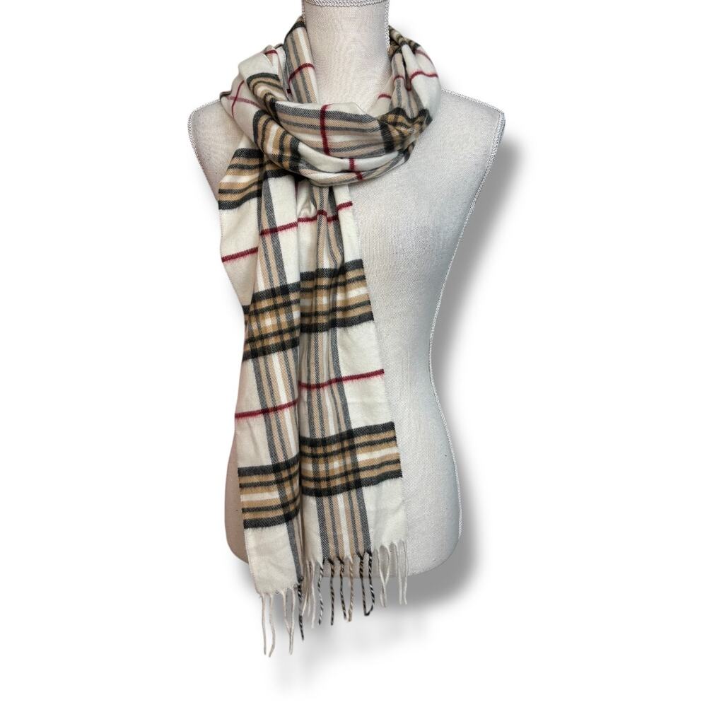 Preston & York Cream Plaid Scarf with Fringe
